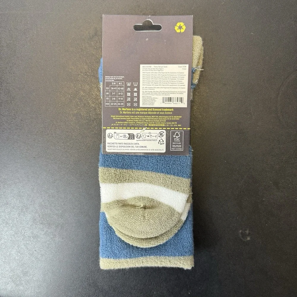 New DR MARTENS  Genuine S/M Terry Stripe Sock Ultimate Grey/Steel Blue‎ Organic